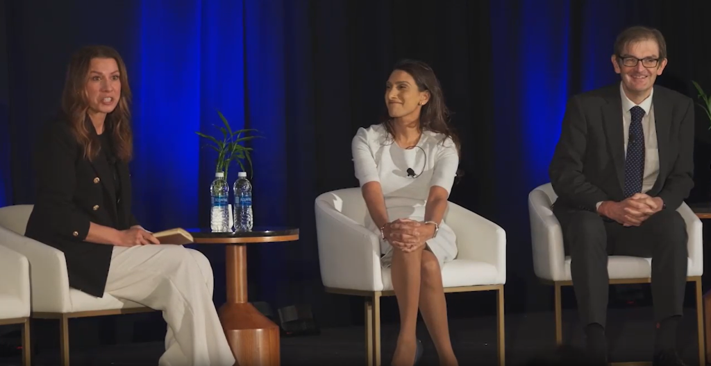 A photo of Prof Sir Martin Landray on stage at the 2024 JP Morgan Healthcare Conference with Slalom's Managing Director Johanna DeYoung and Salesforce's Senior Vice President and Chief Health Officer Fatima Paruk